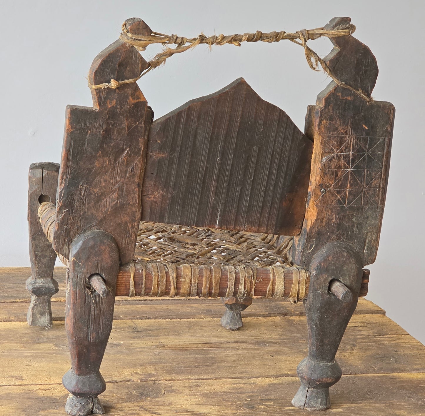 Antique Hand Carved Swat Valley Tribal Chair with Woven Seat