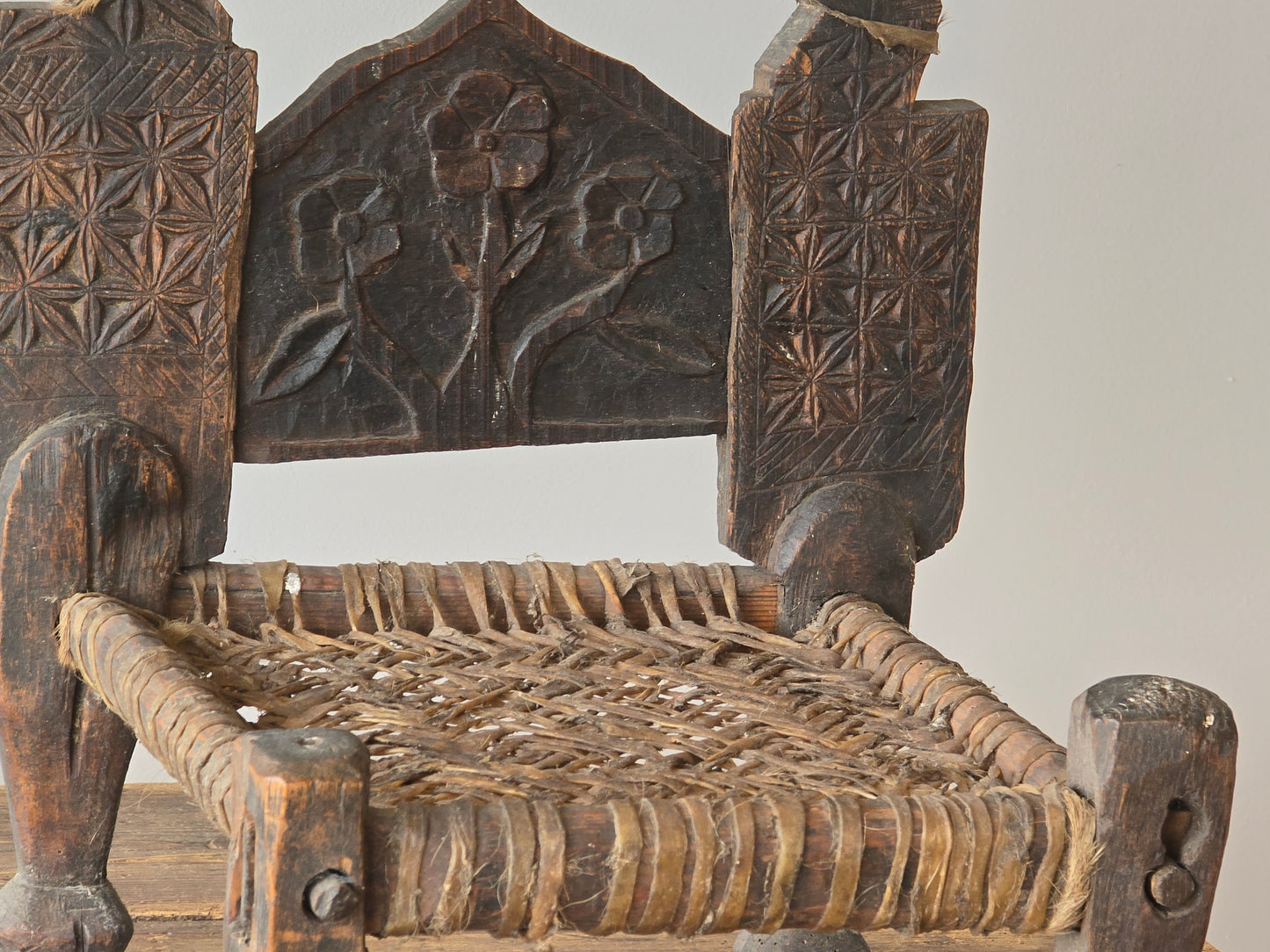 Antique Hand Carved Swat Valley Tribal Chair with Woven Seat