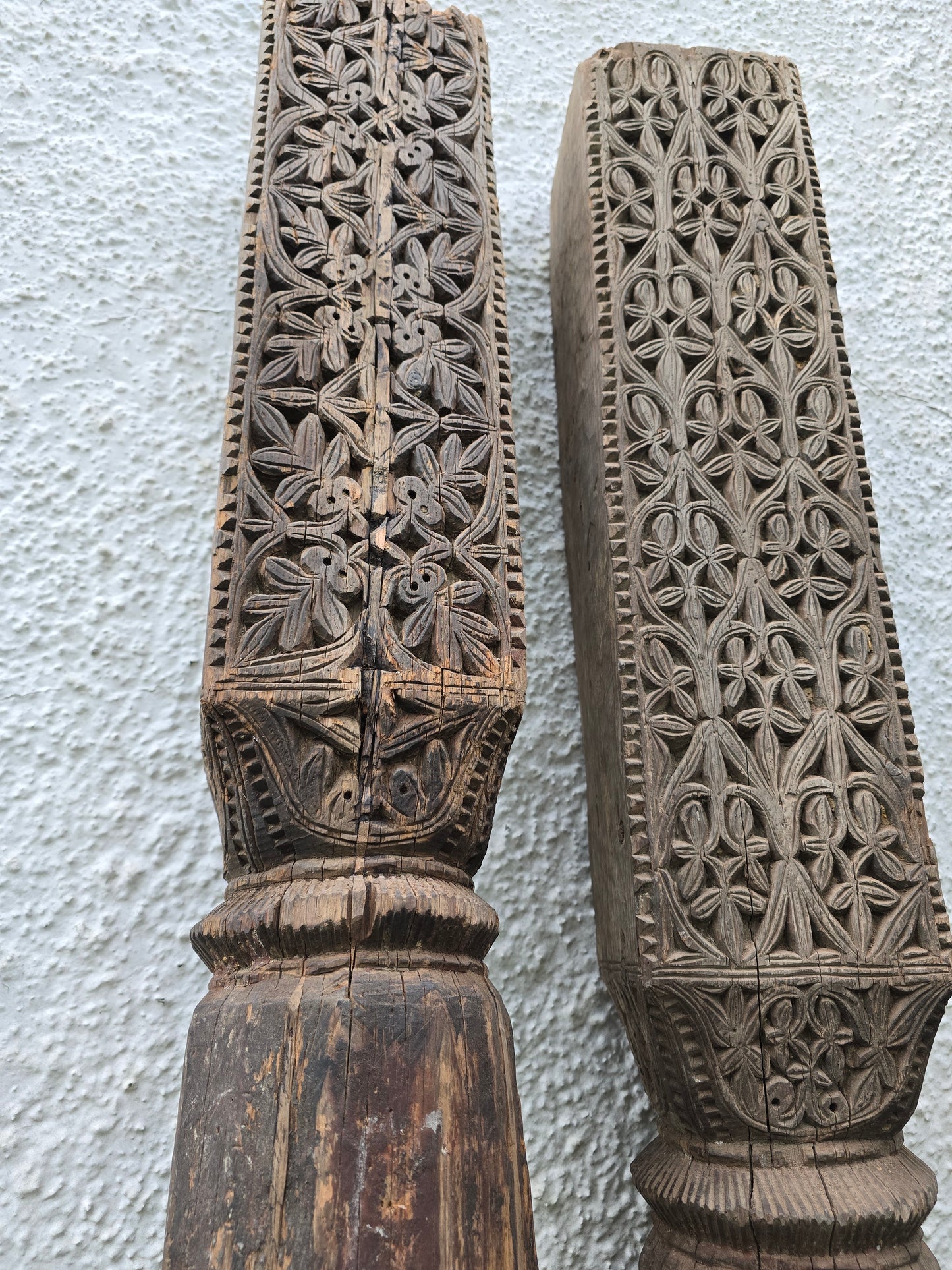 Antique Hand Carved Swat Valley Wooden Pillars – Pair of Architectural Salvage Posts