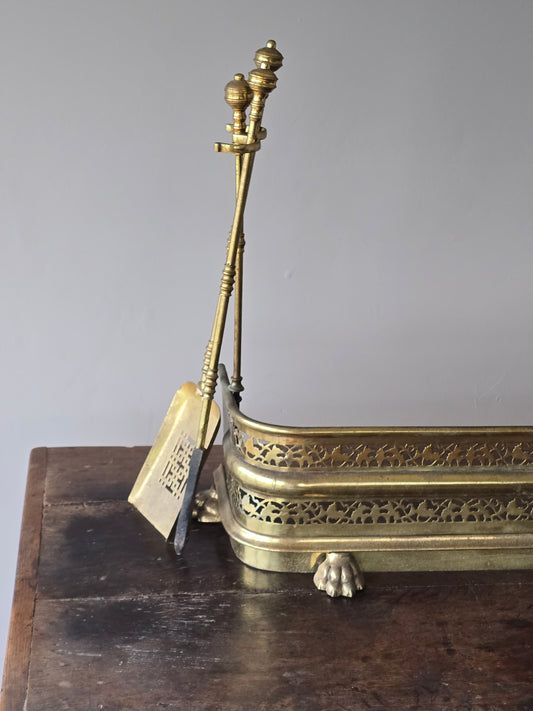 Victorian Brass Fireplace Fender with Matching Fire Tools