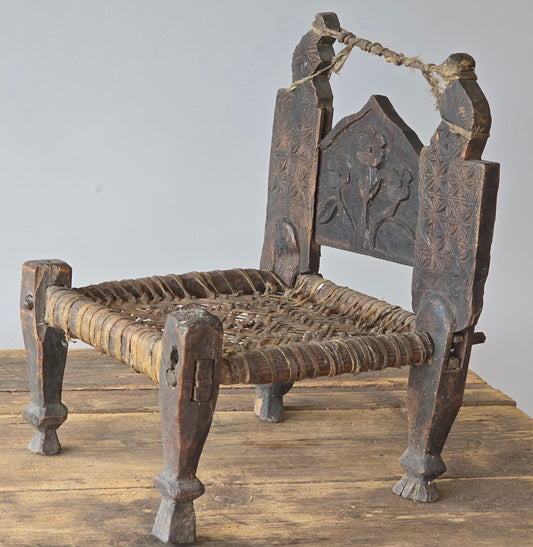 Antique Hand Carved Swat Valley Tribal Chair with Woven Seat