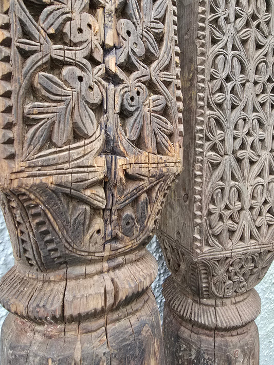 Antique Hand Carved Swat Valley Wooden Pillars – Pair of Architectural Salvage Posts