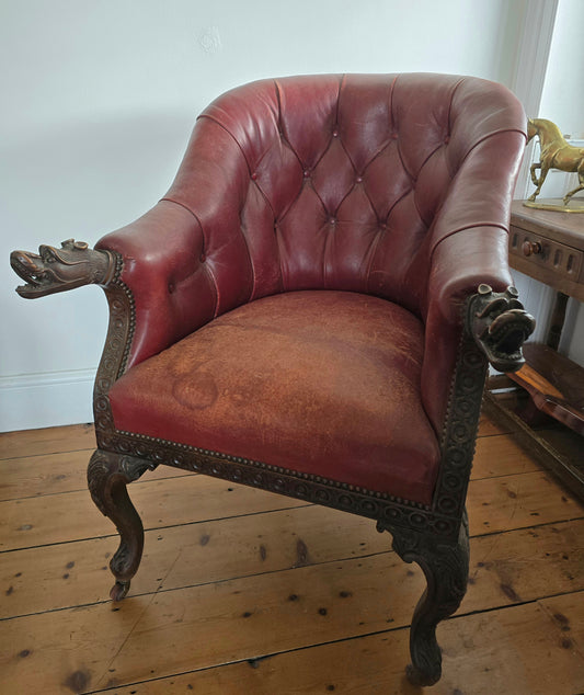 Victorian Gothic Revival Leather Library Armchair with Carved Dragon Arms