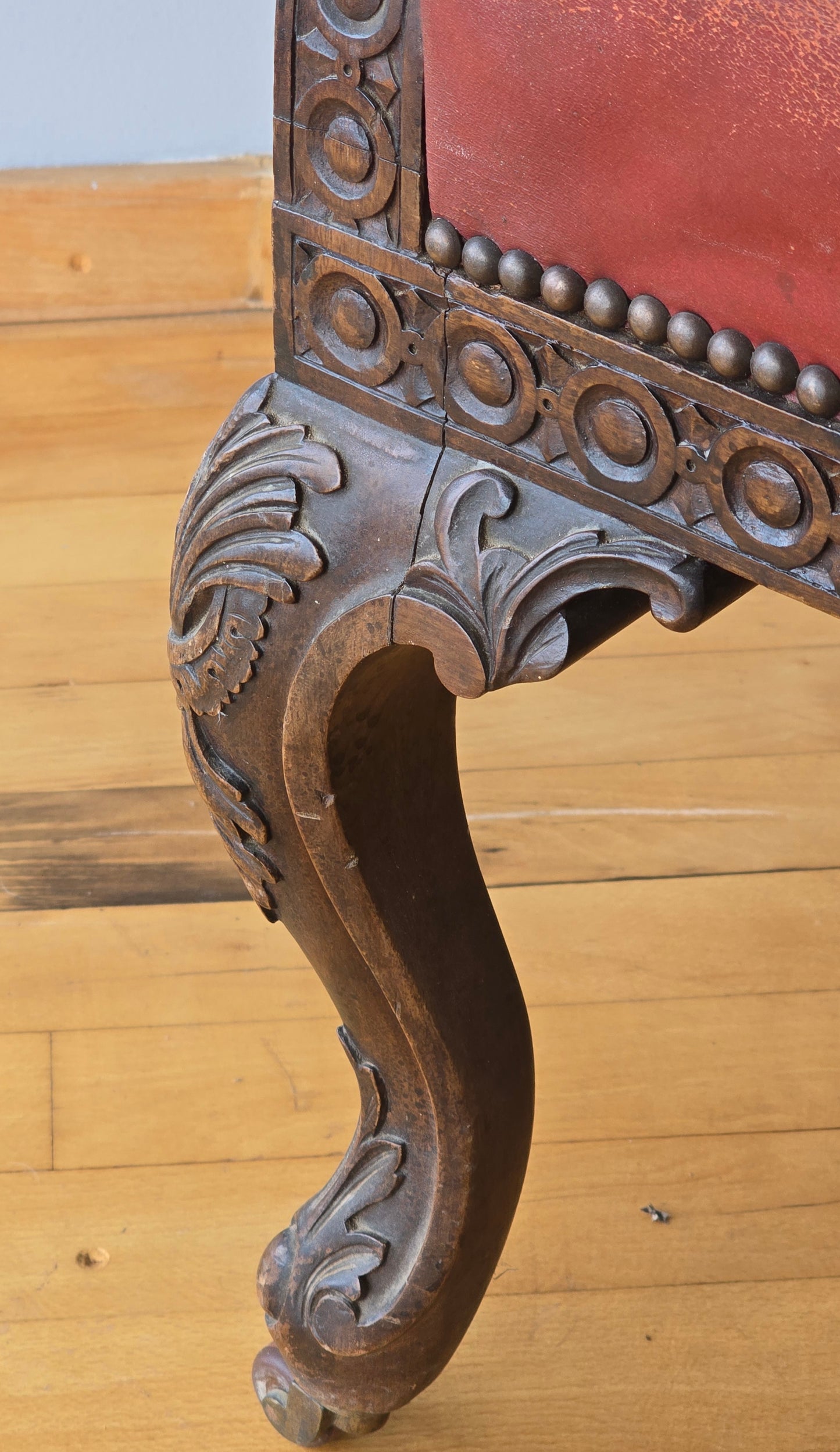 Victorian Gothic Revival Leather Library Armchair with Carved Dragon Arms