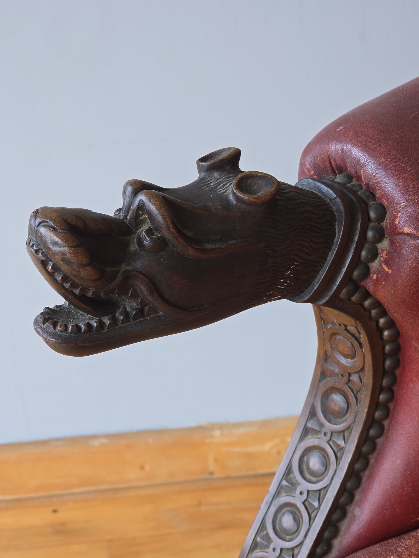 Victorian Gothic Revival Leather Library Armchair with Carved Dragon Arms