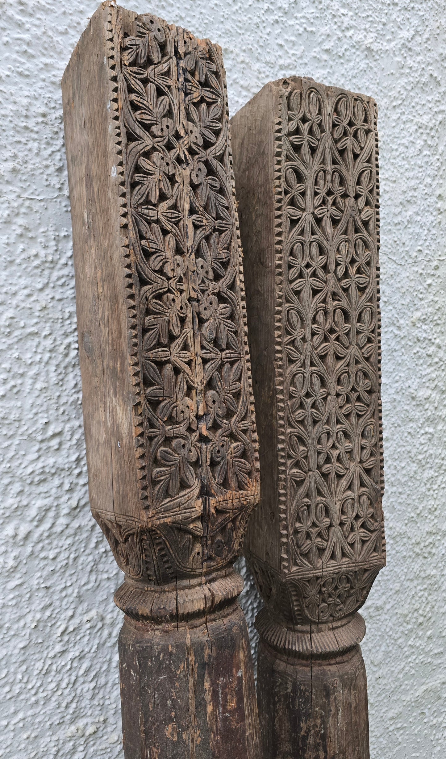 Antique Hand Carved Swat Valley Wooden Pillars – Pair of Architectural Salvage Posts