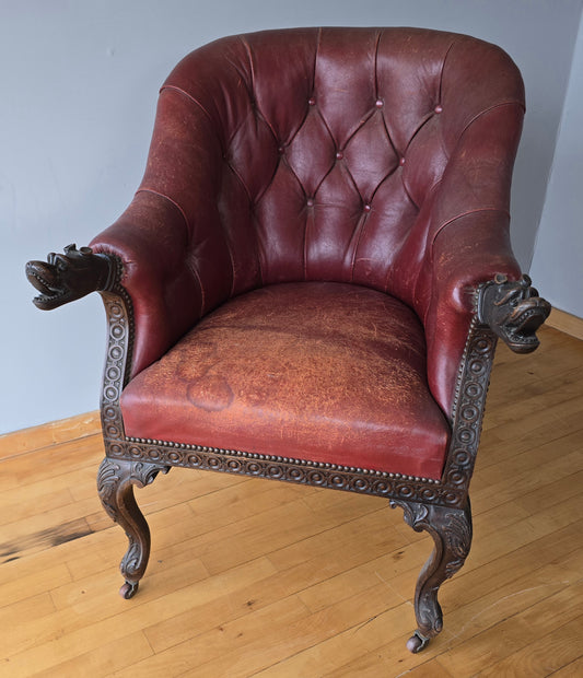 Victorian Gothic Revival Leather Library Armchair with Carved Dragon Arms