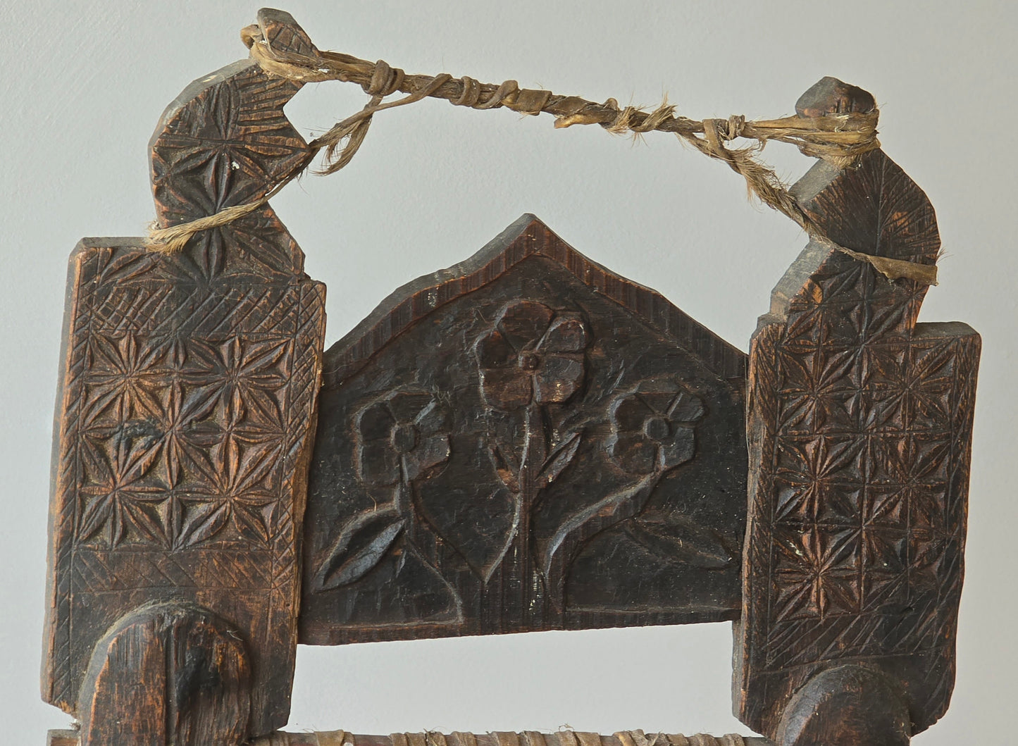 Antique Hand Carved Swat Valley Tribal Chair with Woven Seat