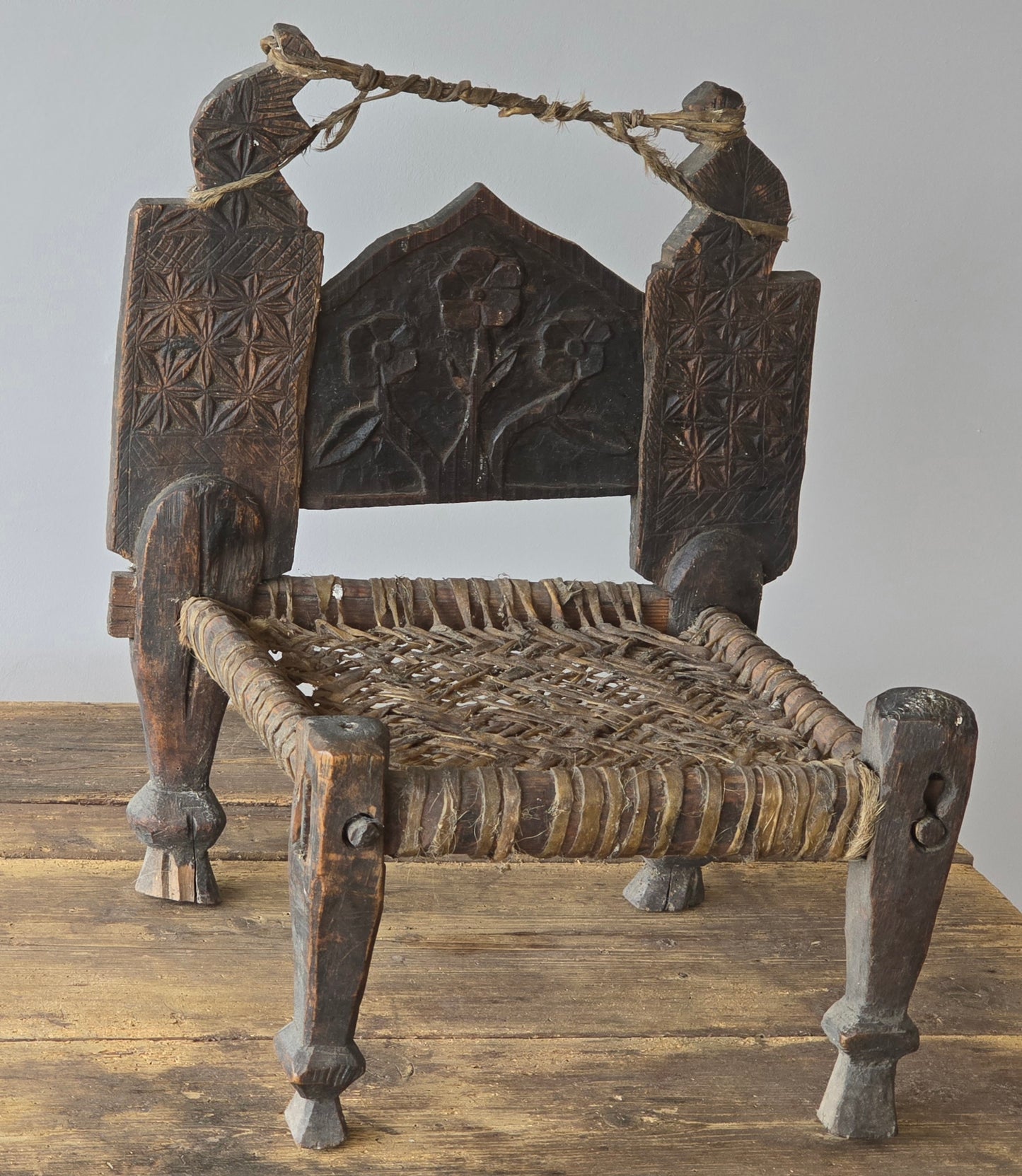 Antique Hand Carved Swat Valley Tribal Chair with Woven Seat