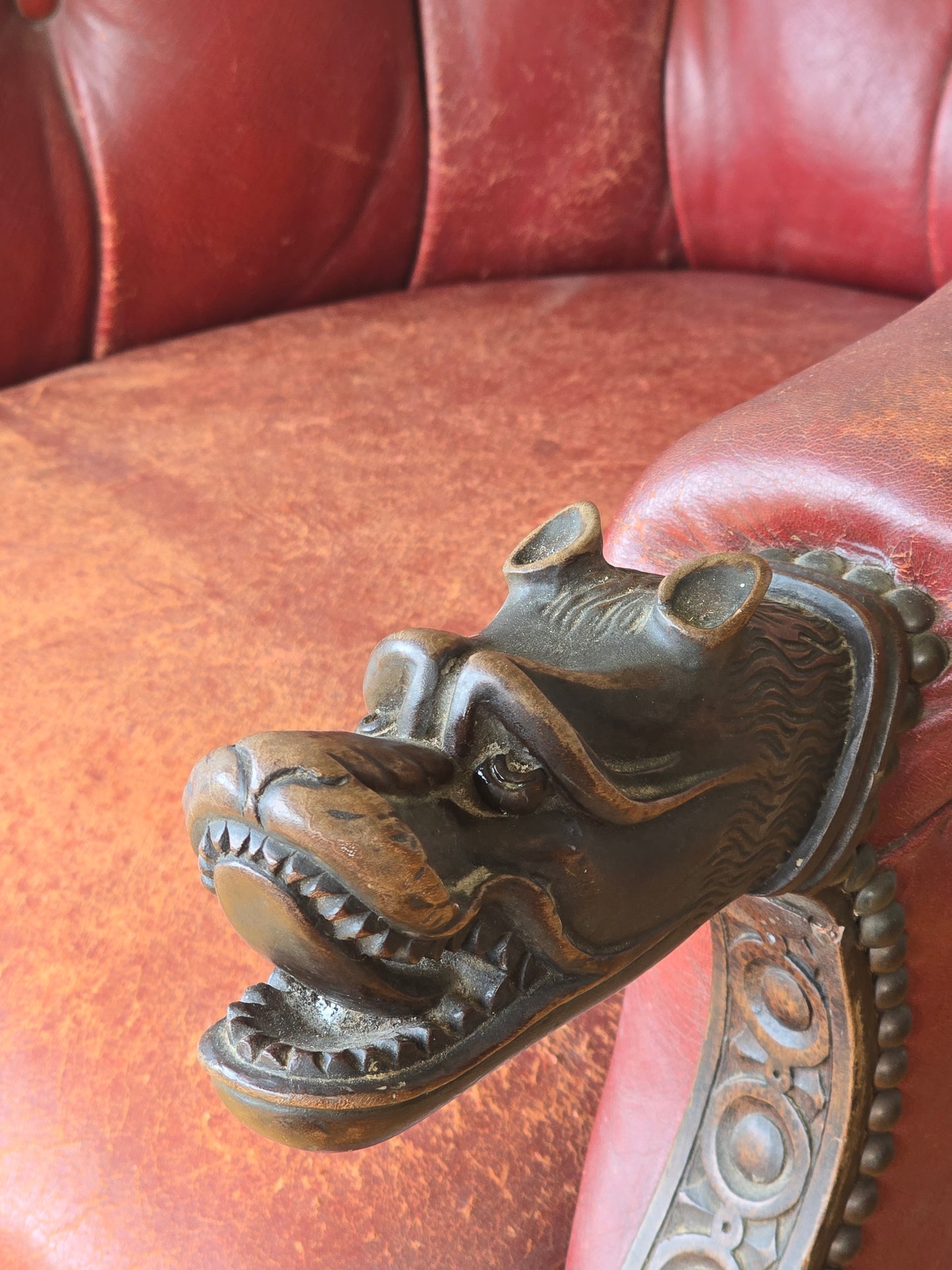 Victorian Gothic Revival Leather Library Armchair with Carved Dragon Arms