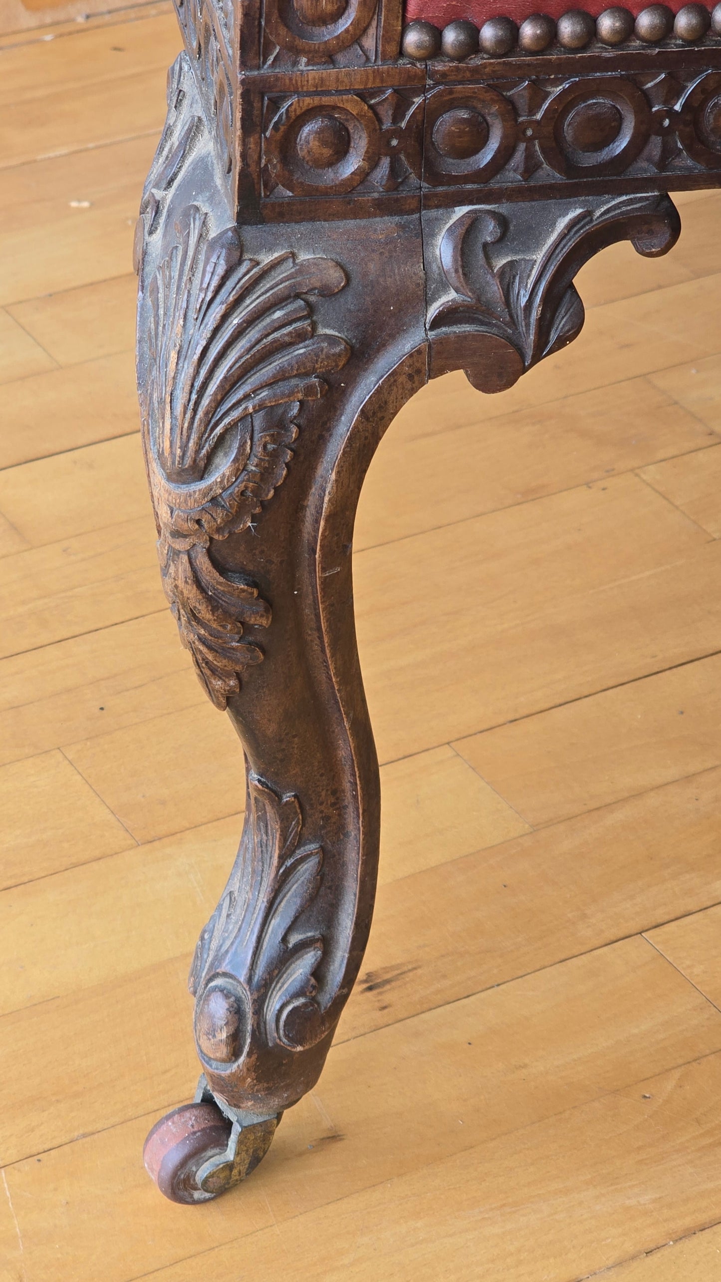Victorian Gothic Revival Leather Library Armchair with Carved Dragon Arms
