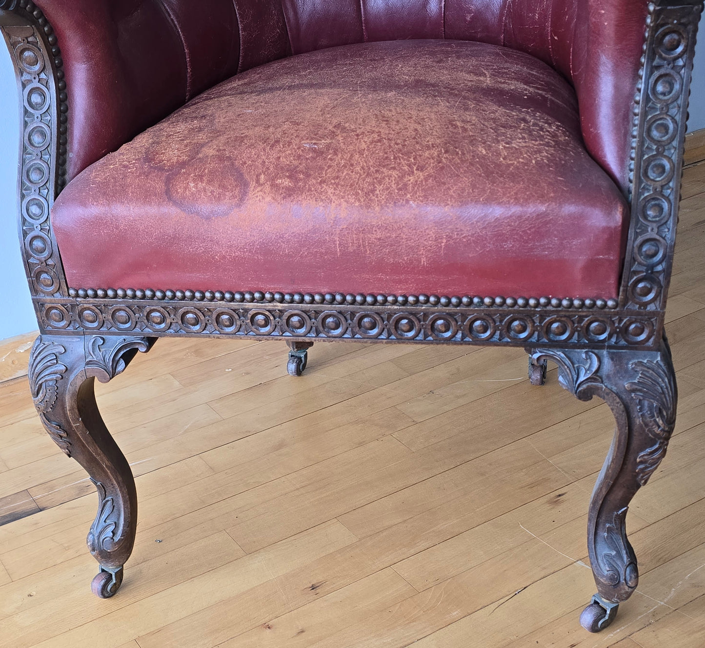 Victorian Gothic Revival Leather Library Armchair with Carved Dragon Arms