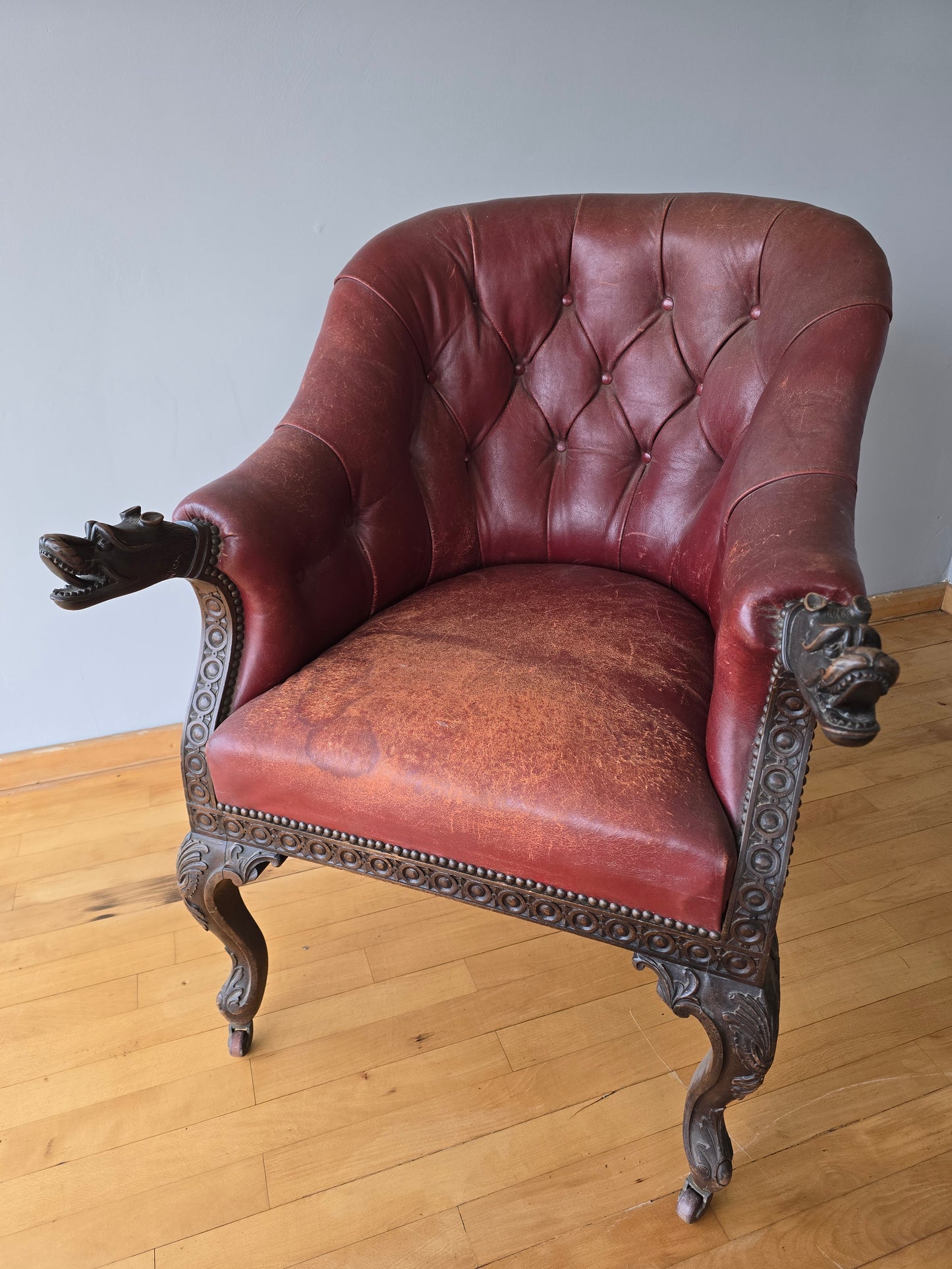 Victorian Gothic Revival Leather Library Armchair with Carved Dragon Arms
